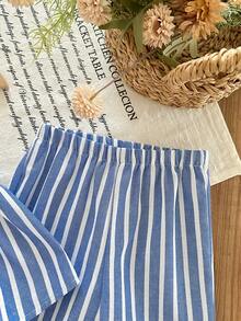 Babygirl Cute Casual Vacation Striped Bow Camisole & Elastic Waist Pants Set - Blue - View 4