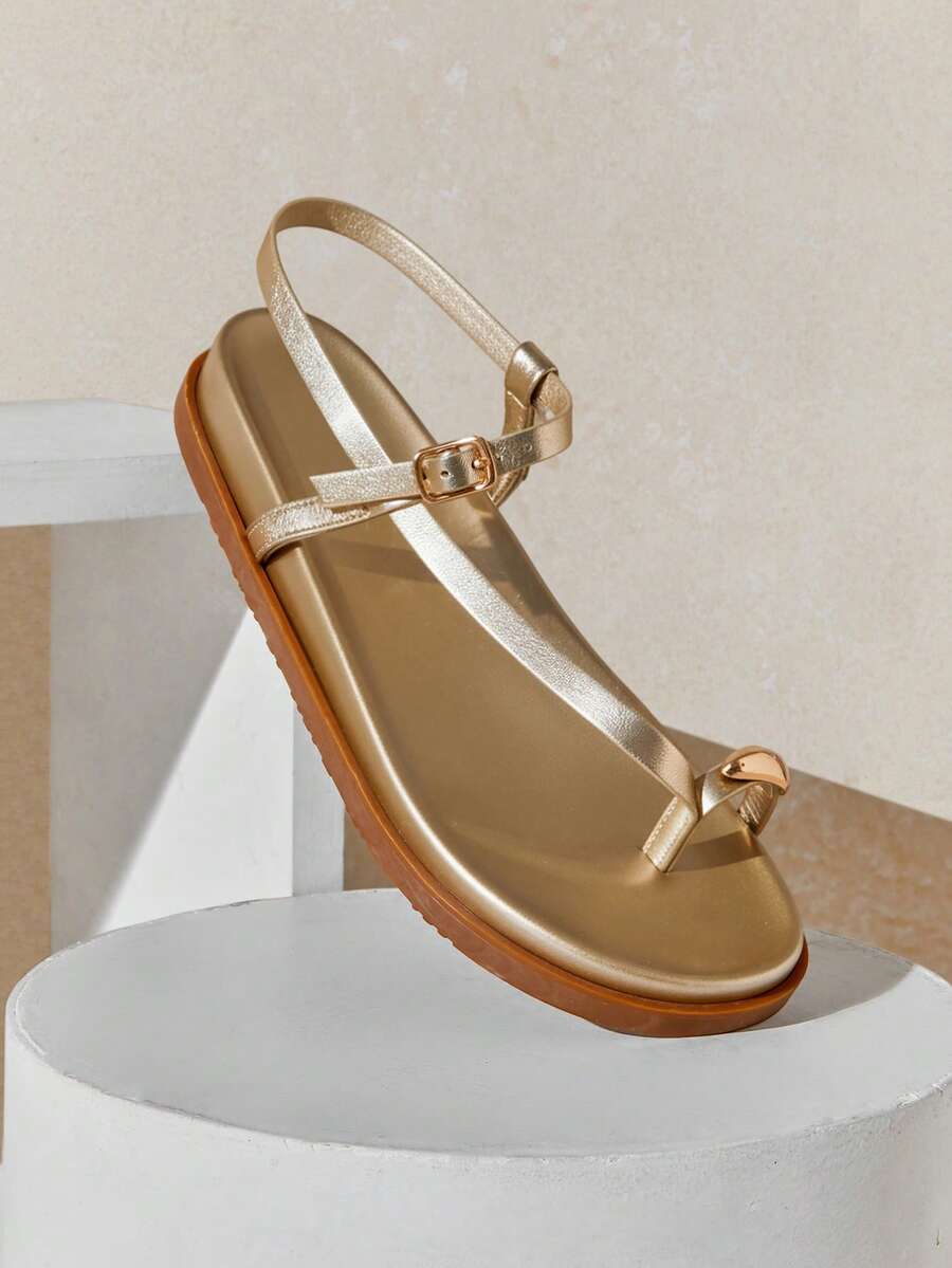 SHUZIA Women's Comfortable Gold Metal Toe Ring Metallic PU Flat Sandals Valentine's Day - Gold - View 1