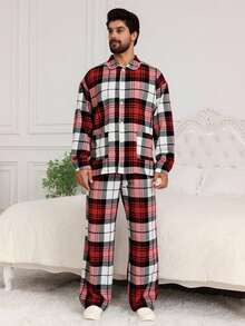 DAZY Plaid Red Shirt Paired With Men's Loungewear Set, Spring/Autumn - Red - View 6