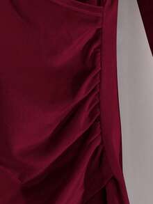 GlowEve CURVE 大码女式杏色丝绒优雅衬衫T恤，秋冬款 - 酒紅色 - 查看 4