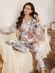 Serenescape Vacation Style Women Floral Print Bubble Collar Cardigan Long Sleeve Pajama Set - Multicolor - View 1