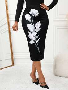 SHEIN Lady Women's Elastic Waist Floral Print Elegant Pencil Skirt - Multicolor - View 3