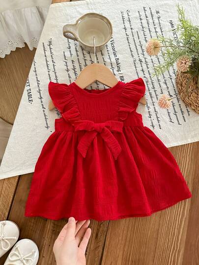 SHEIN Newborn Baby Girl Cute & Elegant Red Ruffle Waist Dress