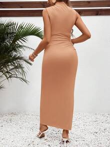 SHEIN Đầm dài dáng ôm cổ đứng dành cho bà bầu - Màu Khaki - Xem 2