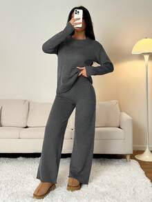 SHEIN PETITE Women Solid Color Crew Neck Long Sleeve Sweater And Long Pants Casual Regular Outfit, Autumn/Winter - Grey - View 10