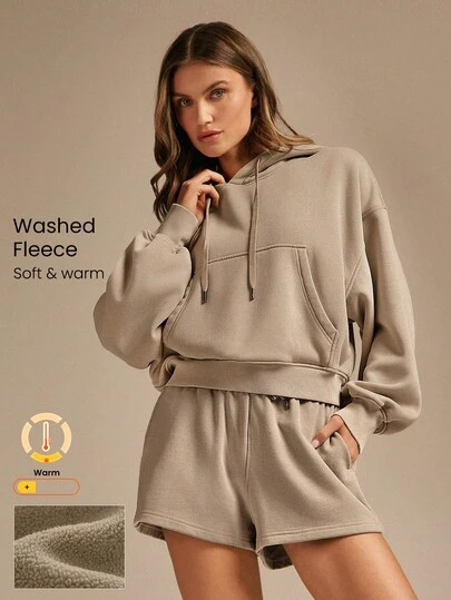 GLOWMODE Washed Fleece Chill Ready Soft Warm Ribbed Pocket Waist-Length Oversized Fit Cotton Fleece-Blend Hoodie Sweatshirt Autumn Winter Outdoor Daily Casual