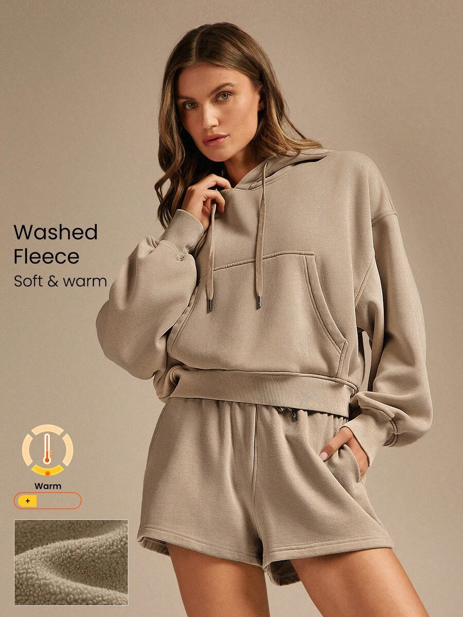 GLOWMODE Chill Ready 柔软保暖罗纹口袋腰长超大版型棉质羊毛混纺连帽运动衫秋冬户外日常休闲 - 杏色 - 查看 1