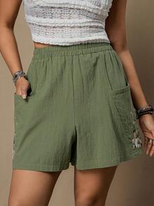 Freevana Quần short ống rộng thêu hoa dáng rộng, cỡ lớn, thích hợp mặc mùa hè. - Màu xanh Bạc hà - Xem 3