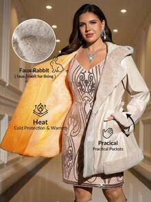 SHEIN Clasi Women's Plus-Size Elegant Winter Parka,Rabbit Fur Lined Hooded PU Jacket With Belted Waist,Faux Fur Patchwork Long-Sleeved Hiking Casual Warm Coat - Beige - View 10