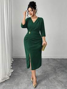 Modelyn Đầm xếp ly màu trơn thanh lịch dành cho nữ cỡ lớn, eo thon. - Màu xanh lá cây đậm - Xem 7