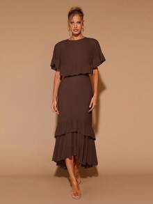 COSMINA 女士优雅荷叶边圆领长连衣裙，适合约会、派对、四季皆宜、情人节等场合，巧克力棕色连衣裙，棕色优雅女士连衣裙，棕色两件套女士连衣裙，咖啡棕色连衣裙，棕色婚礼宾客礼服 - 棕色 - 查看 3