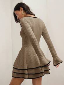 COSMINA 女士休闲拼接滚边层叠下摆复古优雅连衣裙，秋冬季针织连衣裙，毛衣连衣裙，修身A字连衣裙，长袖连衣裙，法式风格连衣裙 - 卡其色 - 查看 2