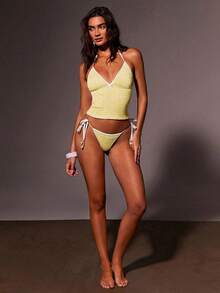 Athîral Women's Plaid Bikini Set For Beach Vacation - Light Yellow - View 3