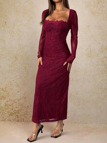 SHEIN PETITE Women's New Summer Party Date Evening Sexy S-Shaped Lace Long-Sleeved Breast Cup Fishbone Square Neck Tight Bodycon Black Maxi Dress Burgundy,New Year's Outfit,Suitable For Daily Dating, Night Out, Nightclubs, Parties, Get-Togethers, Cocktail Parties - Red Violet - View 3