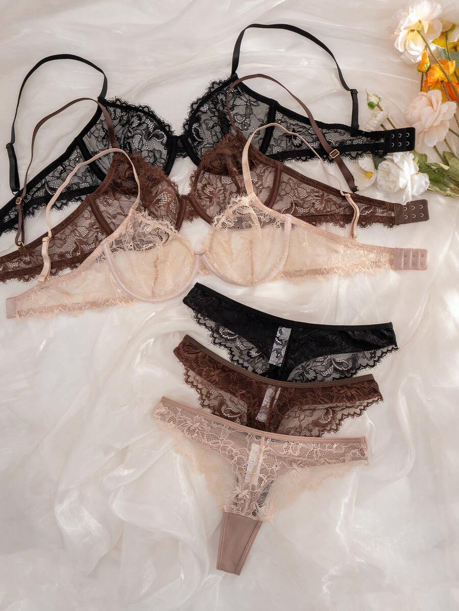 6pcs/Set Women Lace Underwire Soft Cup Comfortable Bra Set - Multicolor - View 1