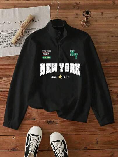 Manfinity Joysei Men's Casual Fashion Street Letter Print Half-Zip Pullover Pullover Sweatshirt, Spring/Autumn