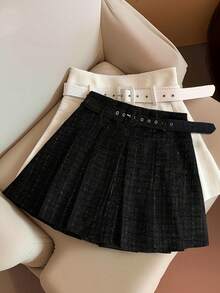 Franclia Petite Falda negra de otoño elegante de cintura alta con línea A y pliegues con cinturón & hebilla, falda escolar de lana, falda mini de moda para volver a la escuela, para mujeres de talla pequeña - Negro - Ver 4
