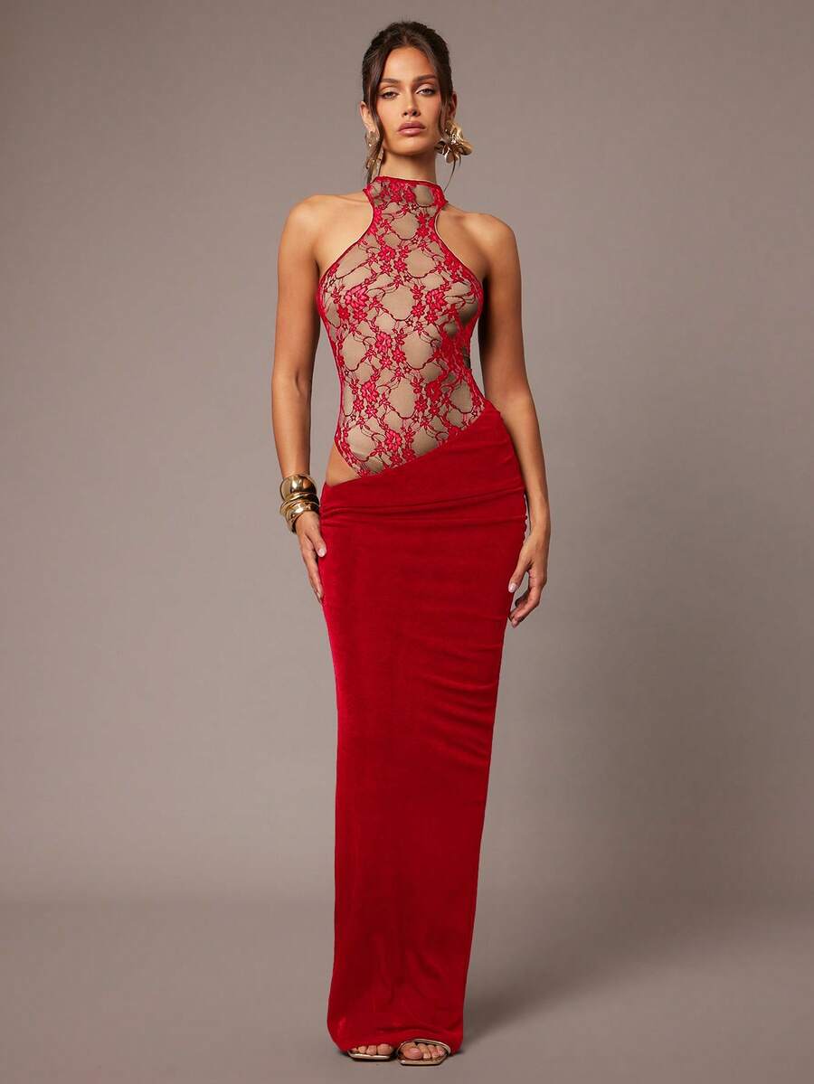 Silquee 秋冬无袖镂空不对称蕾丝拼接修身性感连衣裙，女士优雅连衣裙，婚礼宾客礼服，派对礼服 - 紅色 - 查看 1