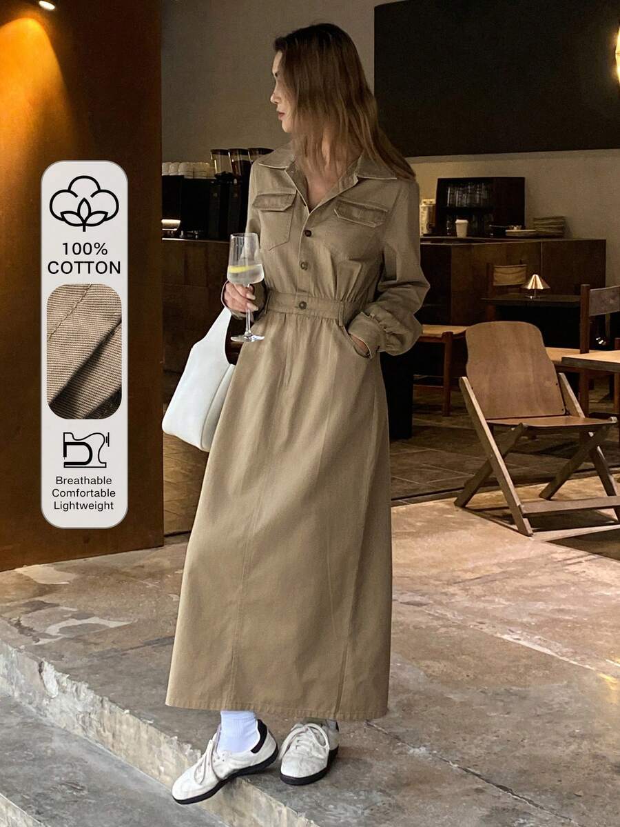 DAZY 实用风格翻领长袖衬衫裙，女士中长款连衣裙 - 卡其色 - 查看 1