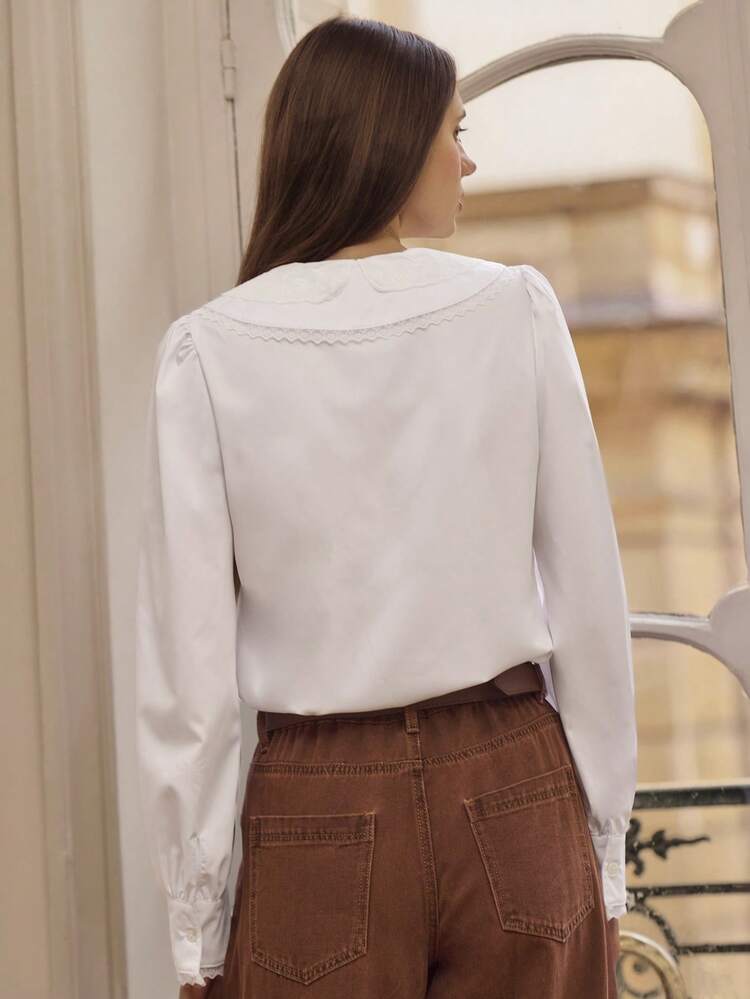 White Blouse With Double Embroidered Collar Pintuck Details And Lace Trims Chic Office Spring Summer Elegant Blouses For Women Elegant French Style