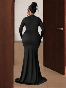 Maweii Sexy Kleid in Große Größen für Damen mit langen Ärmeln, transparentem Mesh, Metallbügel und tiefem Ausschnitt, geeignet für Party, Geburtstag, Urlaub, Büro und Alltagstragen - Schwarz - Übersicht 2