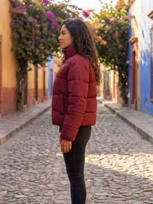 Mujer chaqueta casual acolchada diseño color sólido tela térmica ligera holgada cuello alto manga larga invierno uso diario exterior - Burdeos - Ver 2