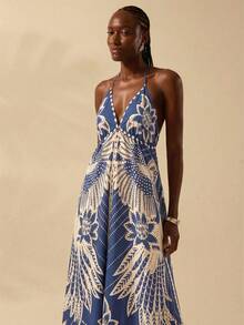 CAJUNI Đầm maxi nữ mùa hè kiểu dáng thoải mái, dây mảnh, họa tiết boho nhiệt đới, thích hợp đi biển, có dây buộc. - Màu xanh lam - Xem 6