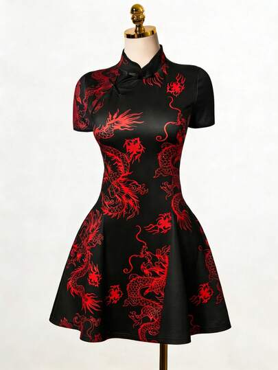Rometta Plus Size Chinese Dragon Print A-Line Dress, Spring/Summer Cheongsam Dress Dragon Dress Chinese Style Dress Black Red Dress Qipao Dress