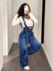 Slaydiva 女士牛仔背带裤和连体裤 宽松直筒背带裤 浅蓝色牛仔连体裤 秋季女装 冬季服装 万圣节哥特另类Y2K时尚街头服饰 - 中等水洗藍 - 查看 2