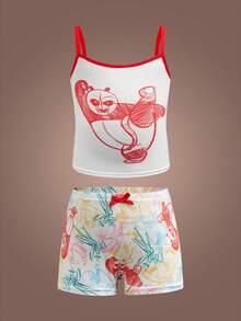 SHEIN Kung Fu Panda Young Girl Cartoon Graphic Camisole And Shorts Underwear Set - Beige - View 1