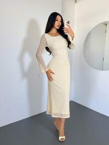 SHEIN PETITE Đầm nữ mùa thu thanh lịch tay loe màu trơn cổ tròn tay dài dáng ôm đuôi cá màu trắng thanh lịch đầm ren móc tay dài đầm maxi màu kem đầm tay dài thanh lịch - trắng - Xem 2