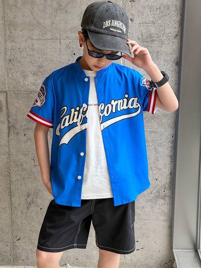 SHEIN Tween Boy Blue Summer Letter Graphic Contrast Color Round Neck Short Sleeve Button-Up Shirt, Streetwear Sporty Casual Soft Comfortable, Suitable For Outdoor, Sports, Commute, School, Daily Casual, Vacation, Spring/Summer