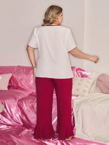 Conjunto de pijama con decoración de lazo, pijama de color contrastante para niñas, conjunto de pijama elegante y romántico con lazo rojo, conjunto de pijama talla grande con pantalón largo - Rojo y blanco - Ver 2