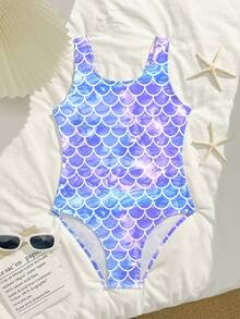 SHEIN Tween Girls Mermaid Scale Print One-Piece Swimsuit, 8-12 Years Old, Gradient Color, Dreamy Girl Swimming Suit, Suitable For Swimming, Beach, Hot Spring, Fashion Girl One Piece Bathing Suit Girl Mermaid Swimsuit Tween Mermaid Swimsuit Tween Girl One Piece Swimsuit - Multicolor - View 4