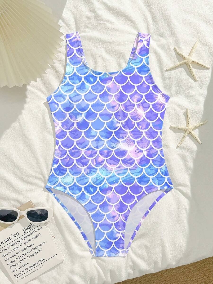SHEIN Tween Mädchen Badeanzug mit Meerjungfrauenschuppen Muster, 8-12 Jahre alt, Farbverlauf, traumhafter Tween Mädchen Badeanzug, geeignet für Schwimmen, Strand, Therme, Mode
