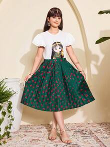 Tween Girls Green And White Middle Eastern Knit T-Shirt,Cute Cartoon Character Print,Pleated Maxi Skirt,Summer Loose Fit Family Matching Daily Wear - Multicolor - View 4