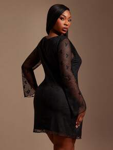 SHEIN SXY Valentine Plus Size Elegant Solid Color Black Lace Midi Dress,Autumn See Through Mesh Two Pieces Set For Curve,Goth Night Out Club Party Outfit, - Black - View 2