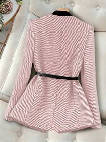 GlowEve CURVE 大码女式休闲/办公通勤撞色条纹印花立领翻领西装外套 - 粉色 - 查看 2