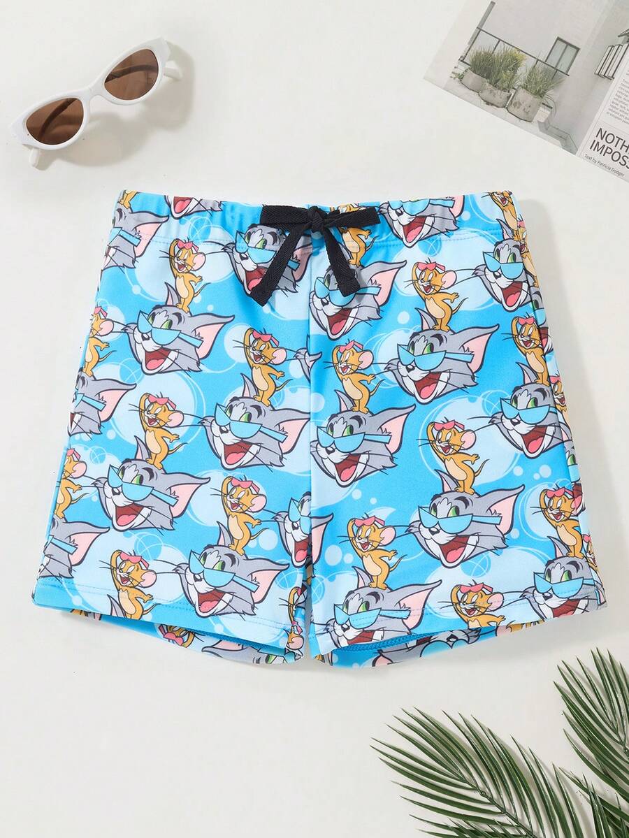 TOM & JERRY X SHEIN Young Boy Cartoon Pattern Beach Swim Trunks, Summer - Blue - View 1
