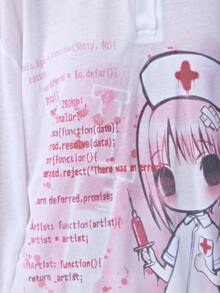 ROMWE Kawaii Anime Nurse Syringe Code Print Lightweight Comfortable Collared Long Sleeve Top - White - View 5