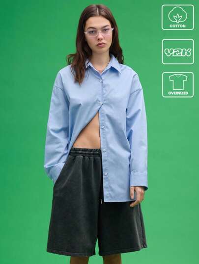 COUREZ 超大款长袖蓝色衬衫，Y2K复古风格，100%纯棉