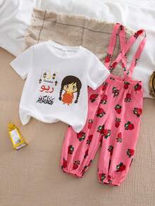 2pcs/Set Girls Casual Versatile Short Sleeve Round Neck Printed T-Shirt + Printed Floral Suspender Shorts, Cute & Fashionable Outfit - Multicolor - View 4