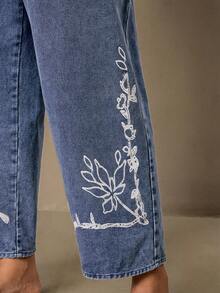 SHEIN VCAY Quần jean denim cỡ lớn in hoa dáng thường ngày - Màu xanh lam - Xem 3