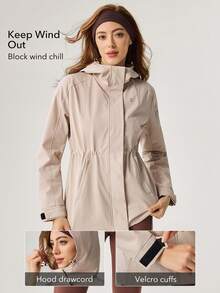 OutZeal Women Water-Resistant Hooded Drawstring Waist Zip Pocket Grey Outdoor Jacket Daily Casual - Apricot - View 3