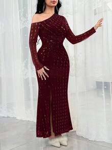 Modelyn Vestido midi feminino elegante com lantejoulas, pregas e modelagem ajustada, com mangas compridas assimétricas nos ombros. - Borgonha - Ver 7