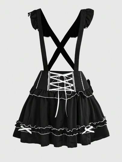 Goth Plus Size Fashionable & Sweet Bow Decor Criss-Cross Tie Waist Skirt