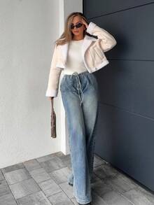 Jeta Ari Women's Short Fur Collar Pu Leather Jacket In Fall/Winter - Apricot - View 6