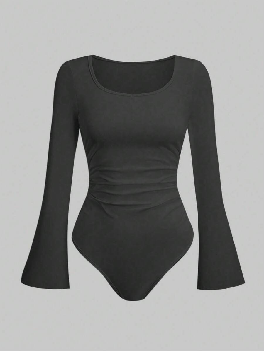 SHEIN Clasi Áo liền thân nữ dáng suông đơn giản, màu trơn, cổ tròn, tay loe, xếp ly, thích hợp mặc đi làm hàng ngày, mùa xuân/thu. - Xám - Xem 1