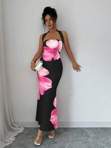 Elenzga petite Đầm nữ dài ngang gối dáng ôm in họa tiết, cổ yếm, thắt eo, kiểu dáng mùa hè 2025. - màu đen - Xem 6