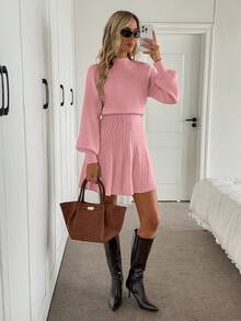 Easowa 高领灯笼袖收腰A字中长针织连衣裙，休闲优雅的OL毛衣连衣裙 - 粉色 - 查看 4